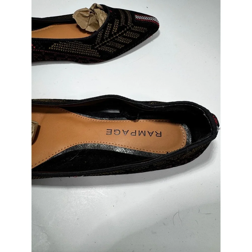 Rampage Womens Pointed Toe Flats‎ Woven Geometric Tapestry Black Gold Red Multi